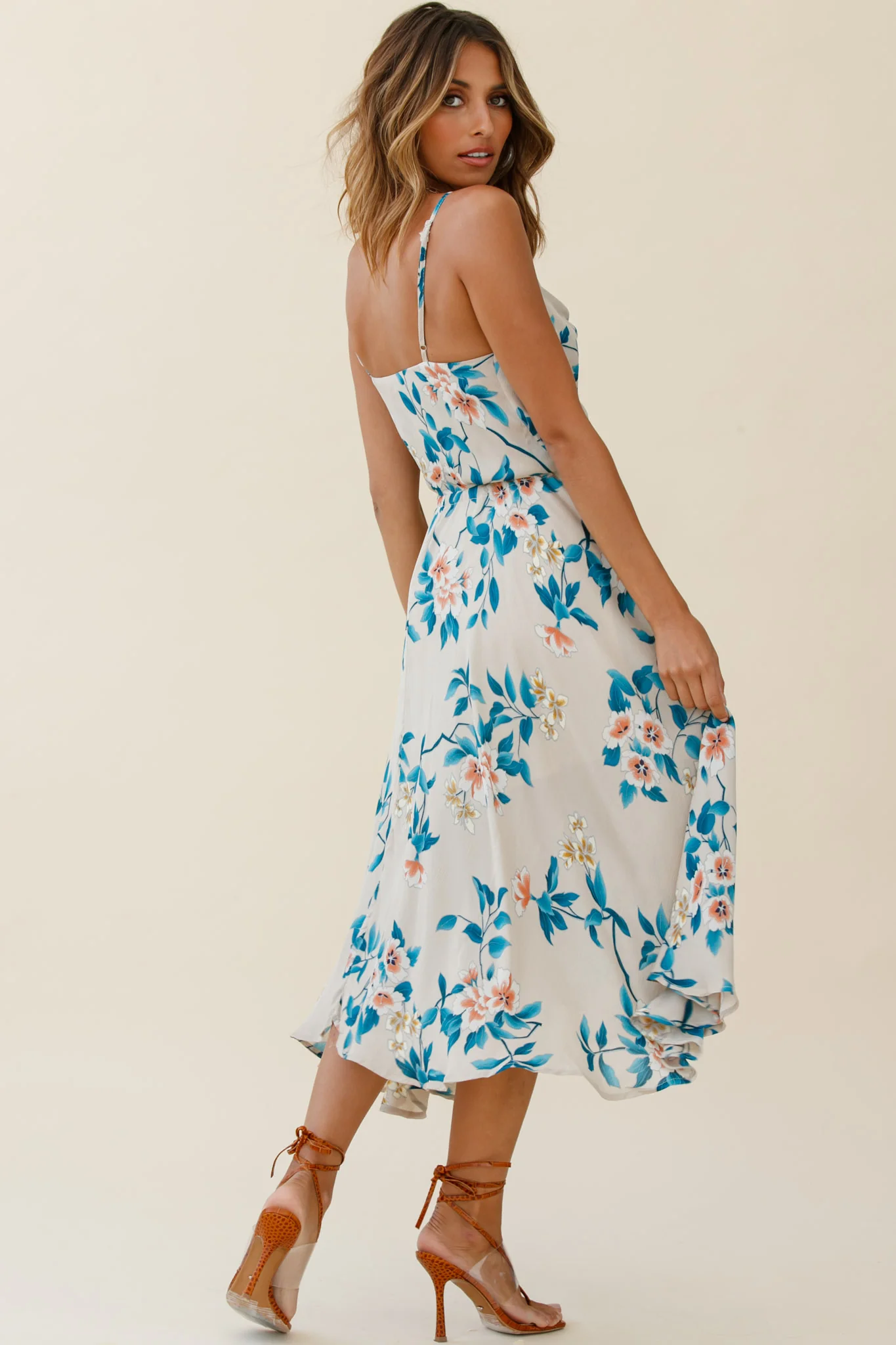 Ava Cowl Neck Drawstring Midi Dress Floral Print Mocha - Sonourner