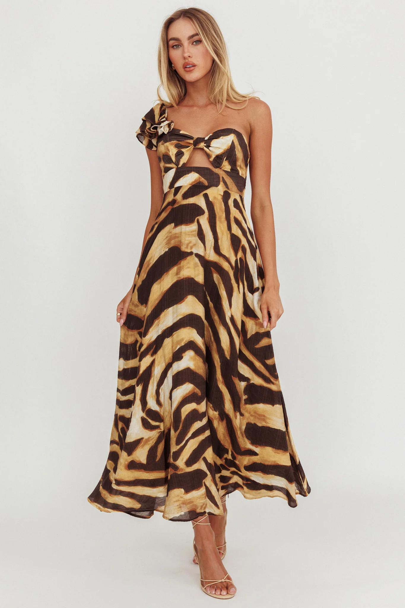 Skyla One Shoulder Ruffle Maxi Dress Leopard - Sonourner