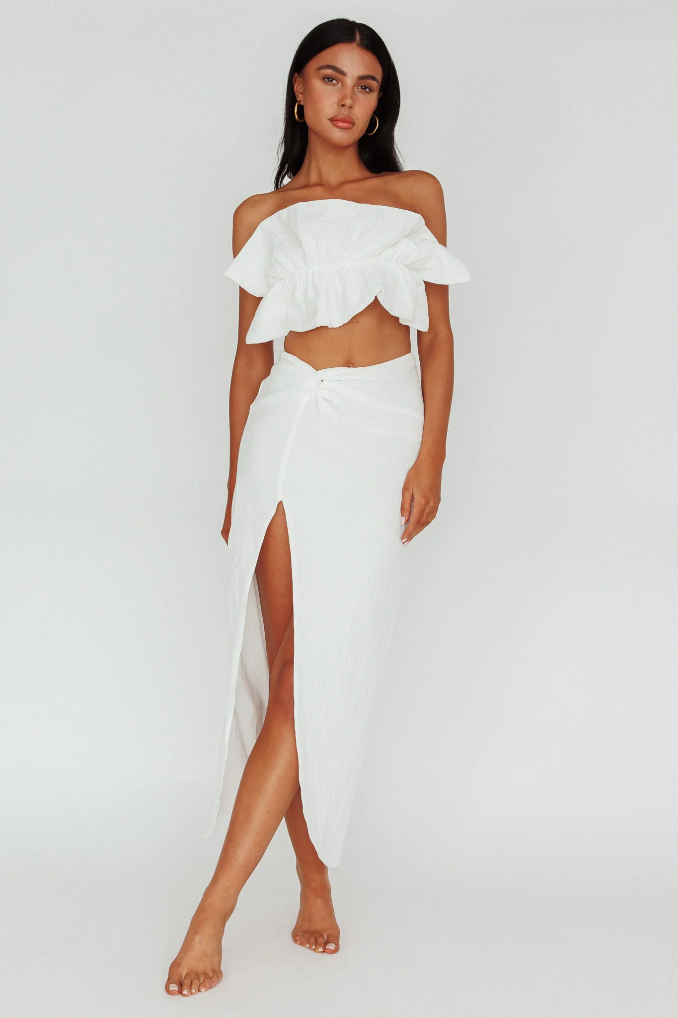 So Fine Twist Waist Crepe Midi Skirt Off White - Sonourner