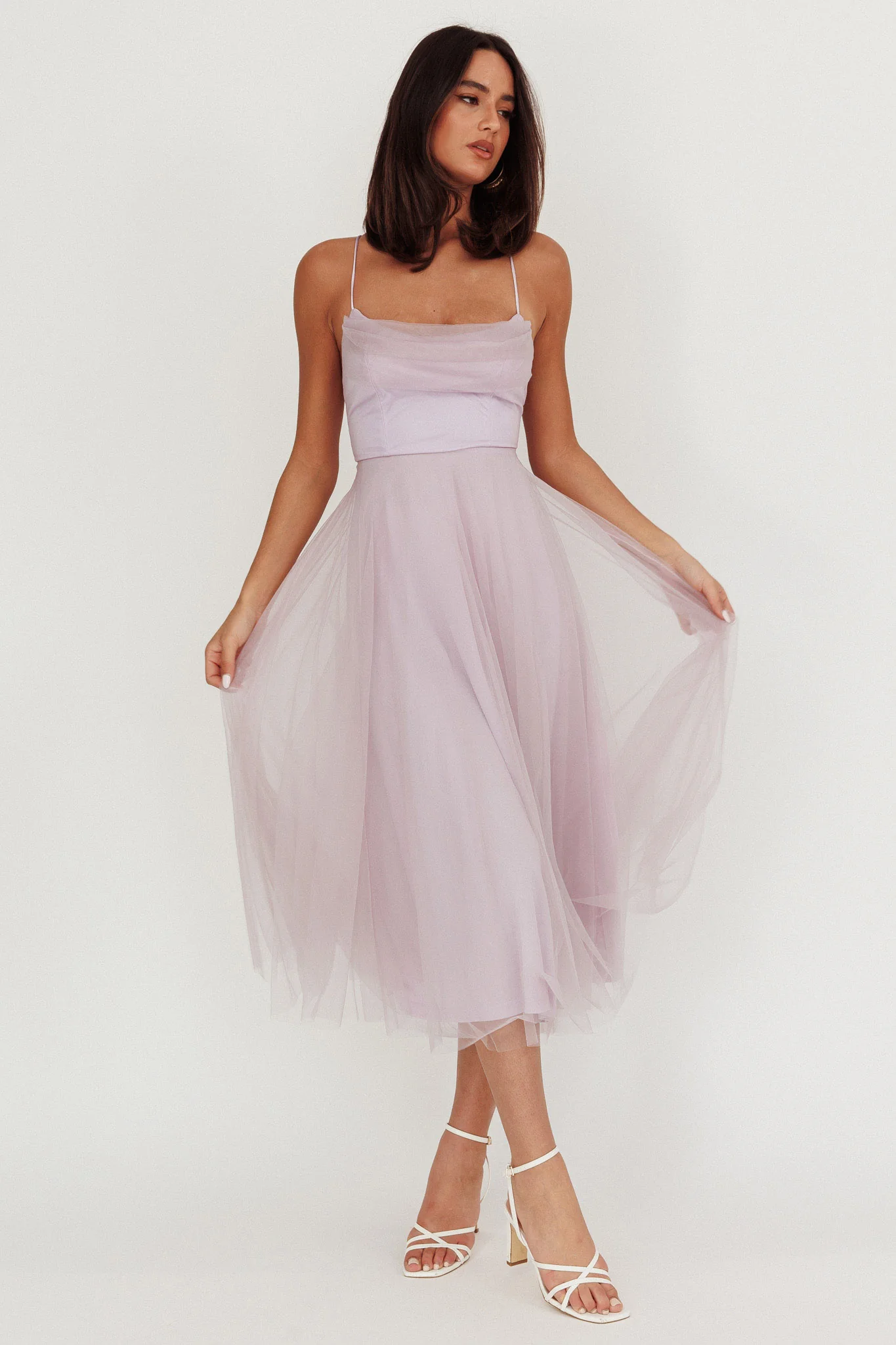 Floating By Pleated Neckline Mesh Midi Dress Lilac - Sonourner