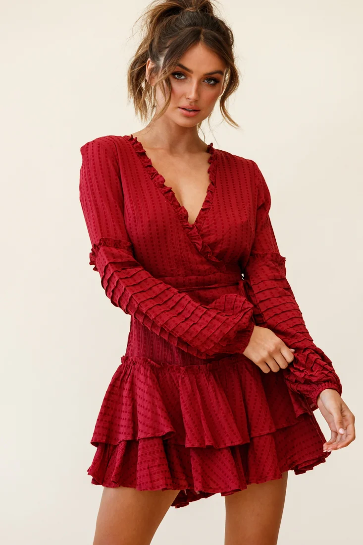 Neve Balloon Sleeve Layered Ruffle Hem Dress Wine - Sonourner
