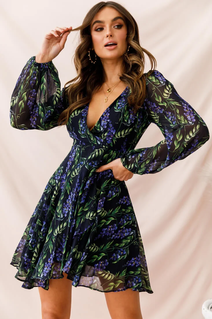 Wisteria Lane Long Sleeve Tea Dress Navy - Sonourner