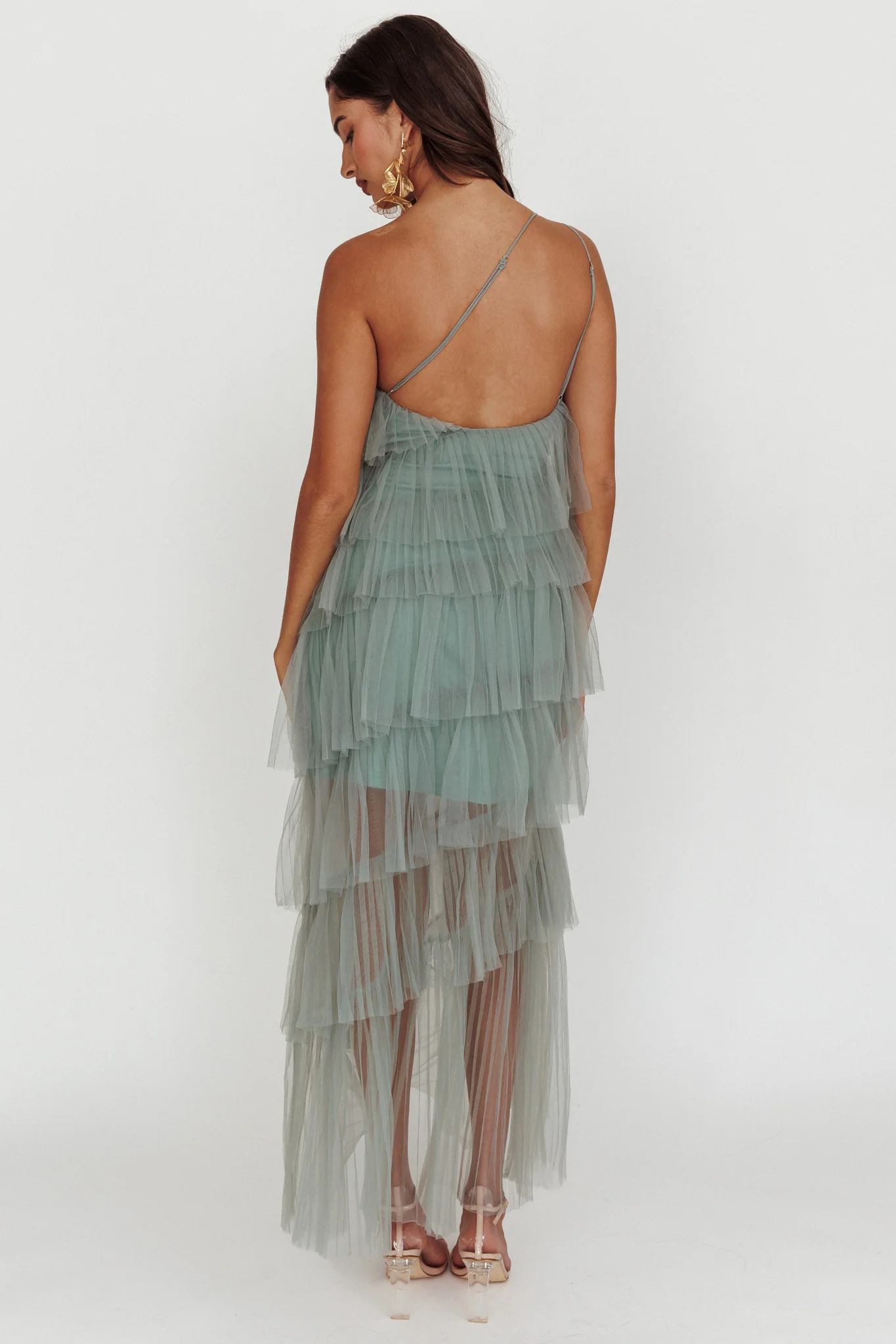 Arrabel Tiered Ruffle Tulle Maxi Dress Sage - Sonourner