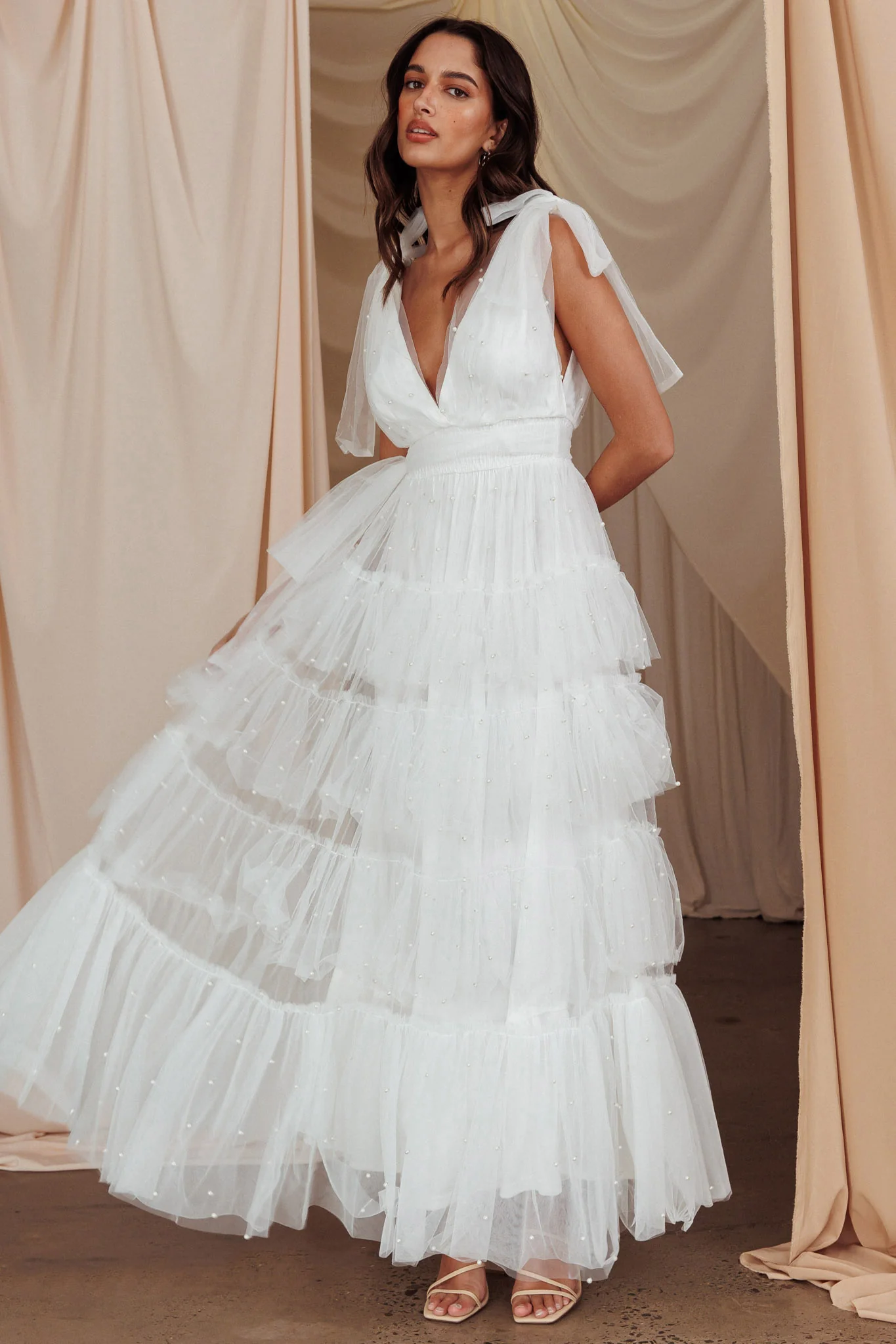 My Fair Lady Bow Shoulder Pearl Maxi Dress White - Sonourner