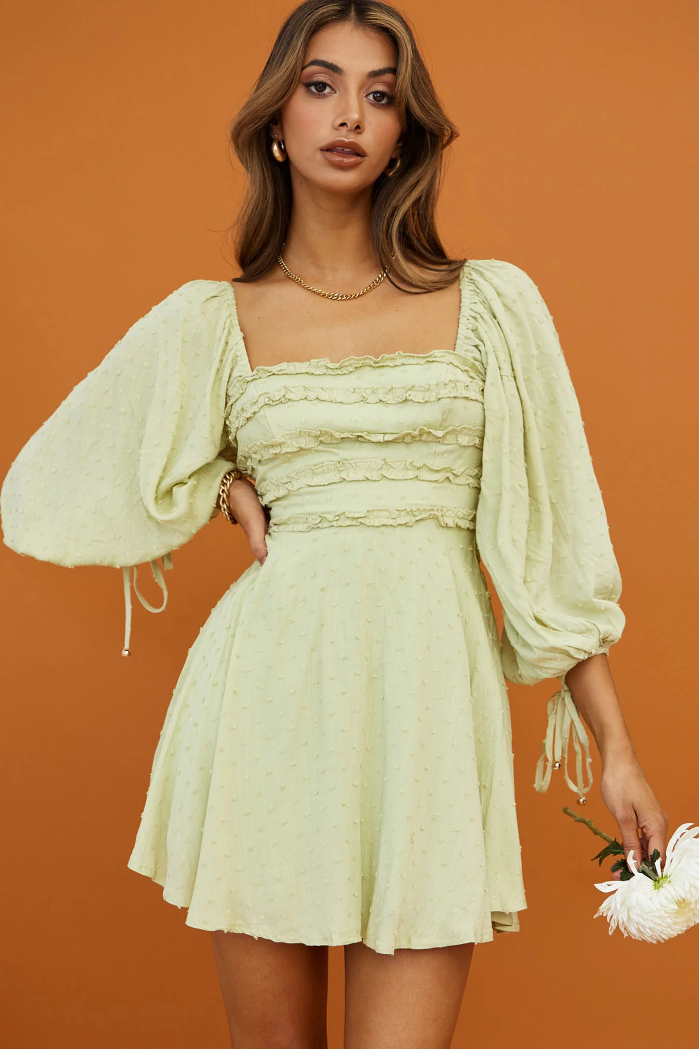 Illia Three-Quarter Balloon Sleeve Frill Bodice Dress Apple - Sonourner