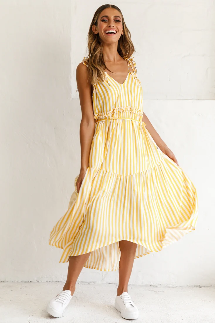 Santa Monica String Tie Maxi Dress Stripe Print Mustard - Sonourner
