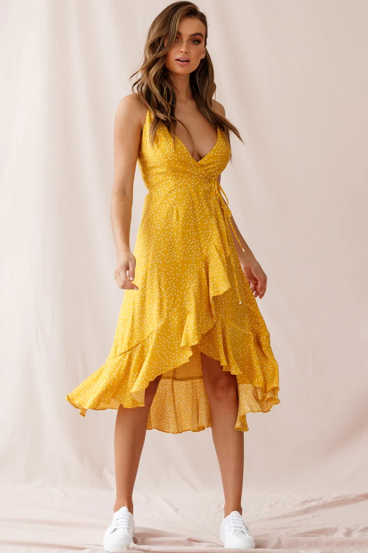 Blessed Wrap Ruffle Hem Midi Dress Dot Print Mustard - Sonourner