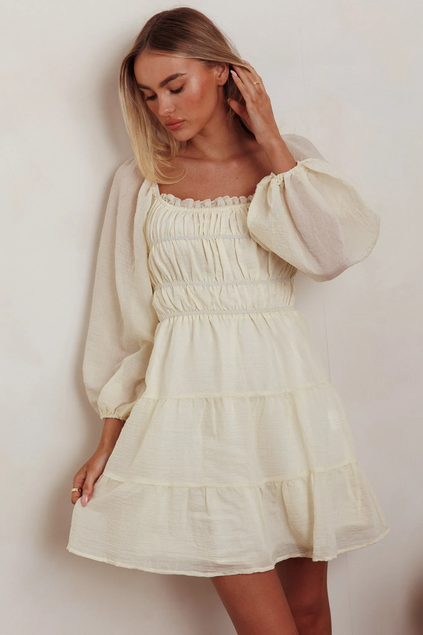 On A High Puff Sleeves Low Back Mini Dress Ivory - Sonourner