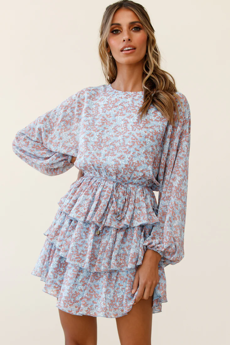 Odessa Long Sleeve Layered Ruffle Dress Floral Print Blue - Sonourner