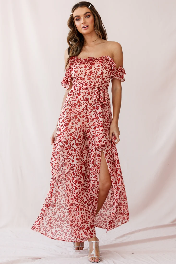 Jazz Bardot Neckline Wide Leg Split Jumpsuit Red - Sonourner