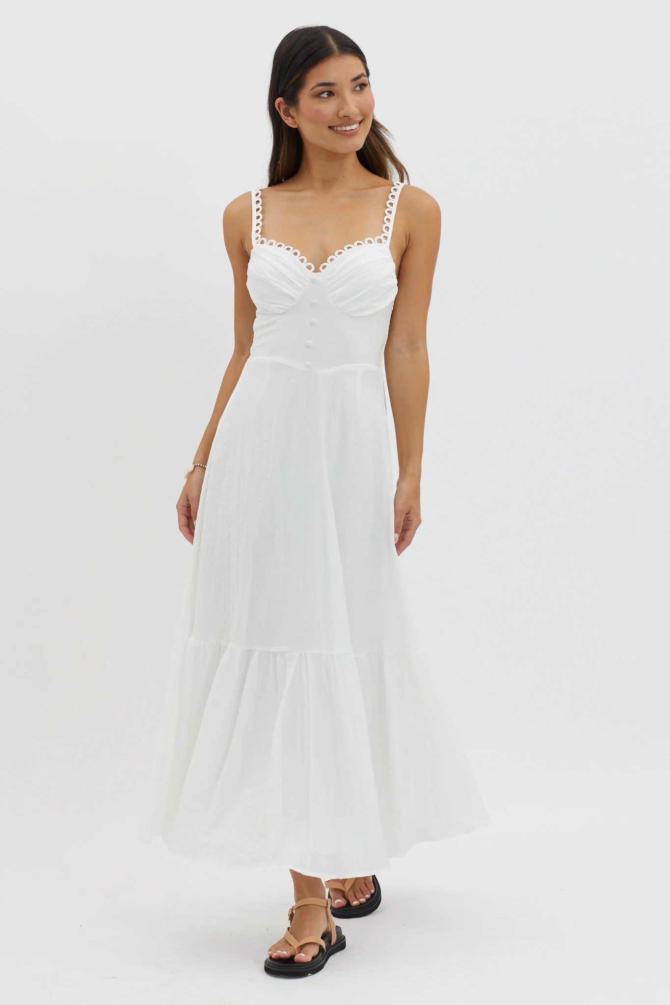 Golden Suns Scallop Trim Midi Dress White - Sonourner