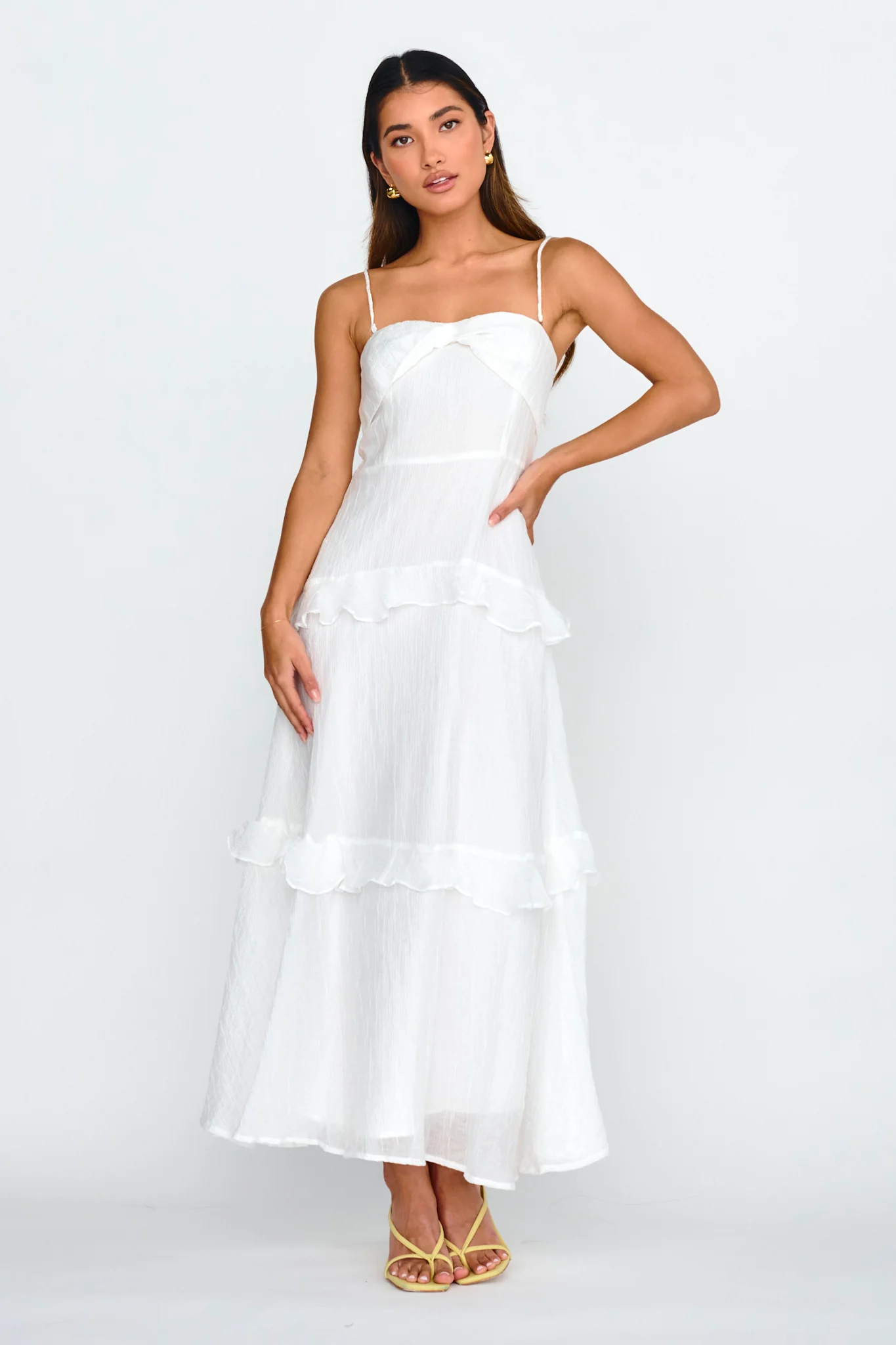 Rise & Glow Frill Trim Textured Midi Dress White - Sonourner