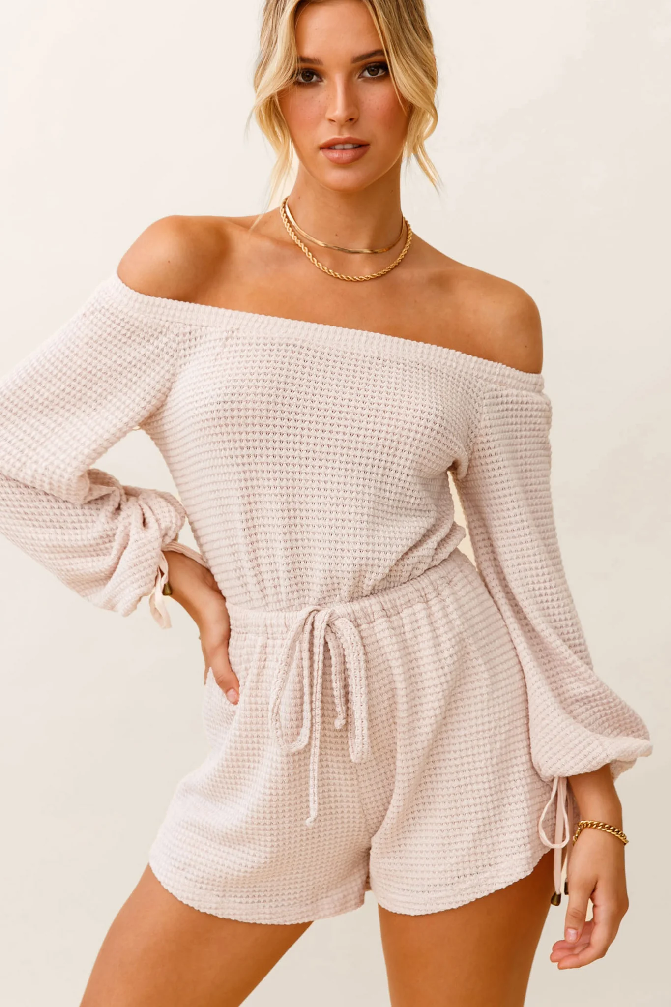 Sticks And Stones Off-Shoulder Drawstring Waist Romper Beige - Sonourner