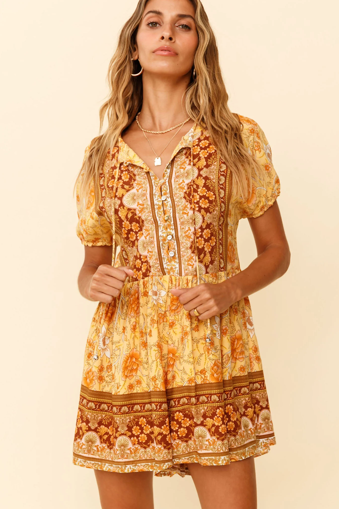 Time Flies Puff Sleeve T-Shirt Romper Boho Floral Print Yellow - Sonourner