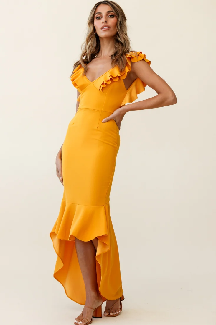 Pearl Ruffle Strap High-Low Hem Dress Mustard - Sonourner