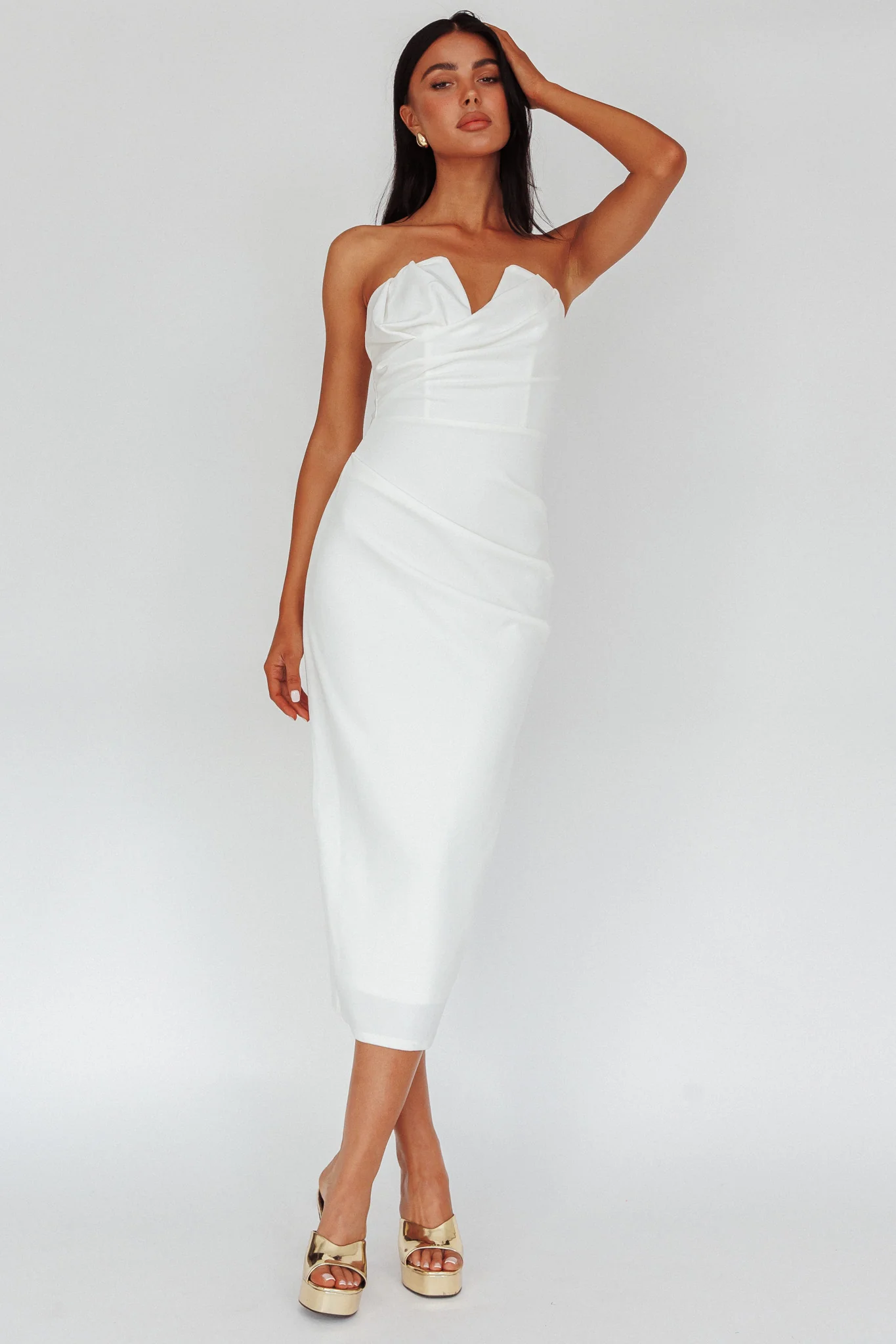 Hartly Strapless V-Neck Midi Dress Off White - Sonourner