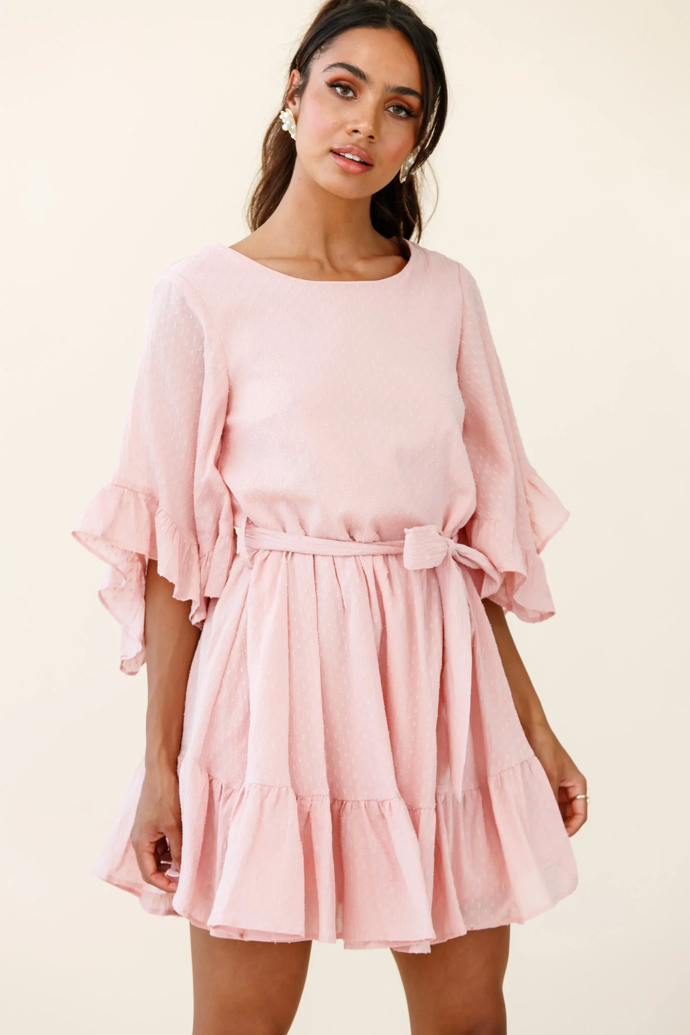 Joni Batwing Sleeve Waist Tie Dress Pink - Sonourner