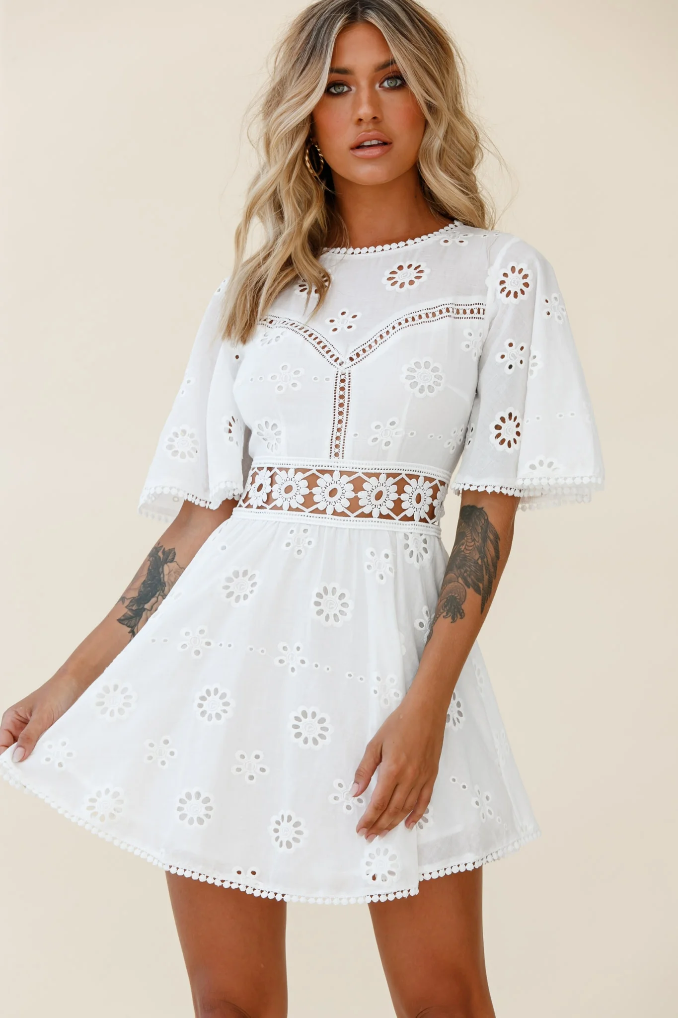Anais Fluted Sleeve Exposed Back Broderie Anglaise Dress White - Sonourner