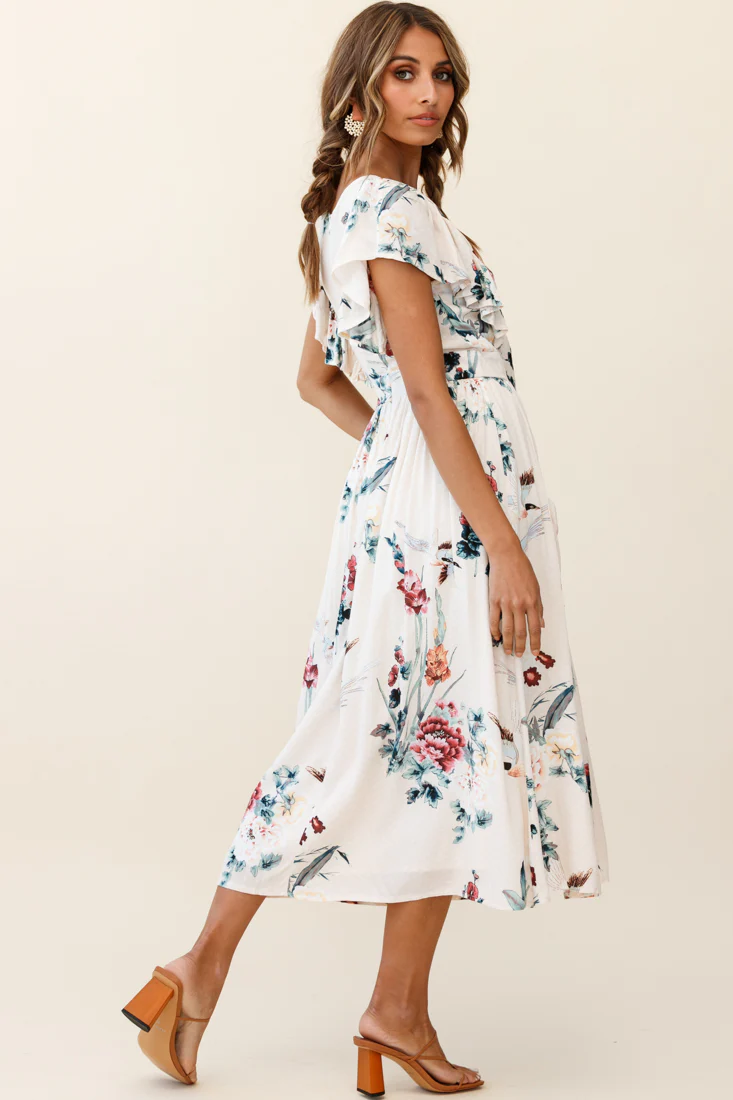 Amelie Tied Bust Pocket Midi Dress Floral Print Beige - Sonourner