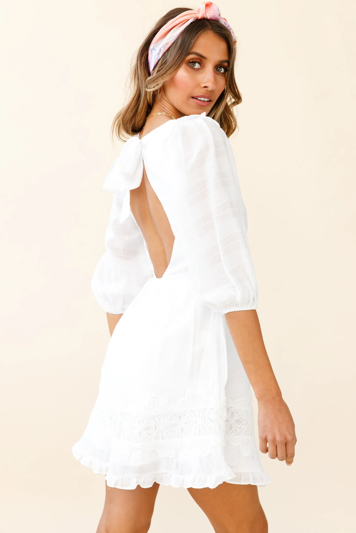 Sunday Morning Applique Embellished Open Back Dress White - Sonourner