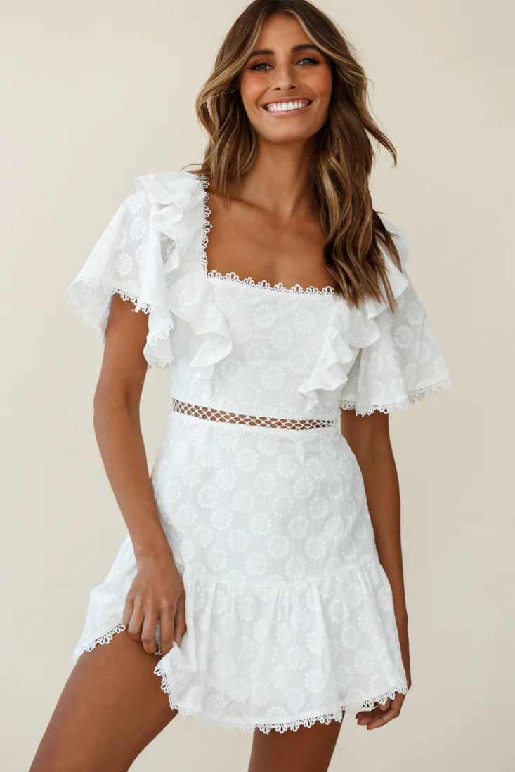 How Romantic Flounce Sleeve Lace-Up Back Dress Floral Embossed White - Sonourner