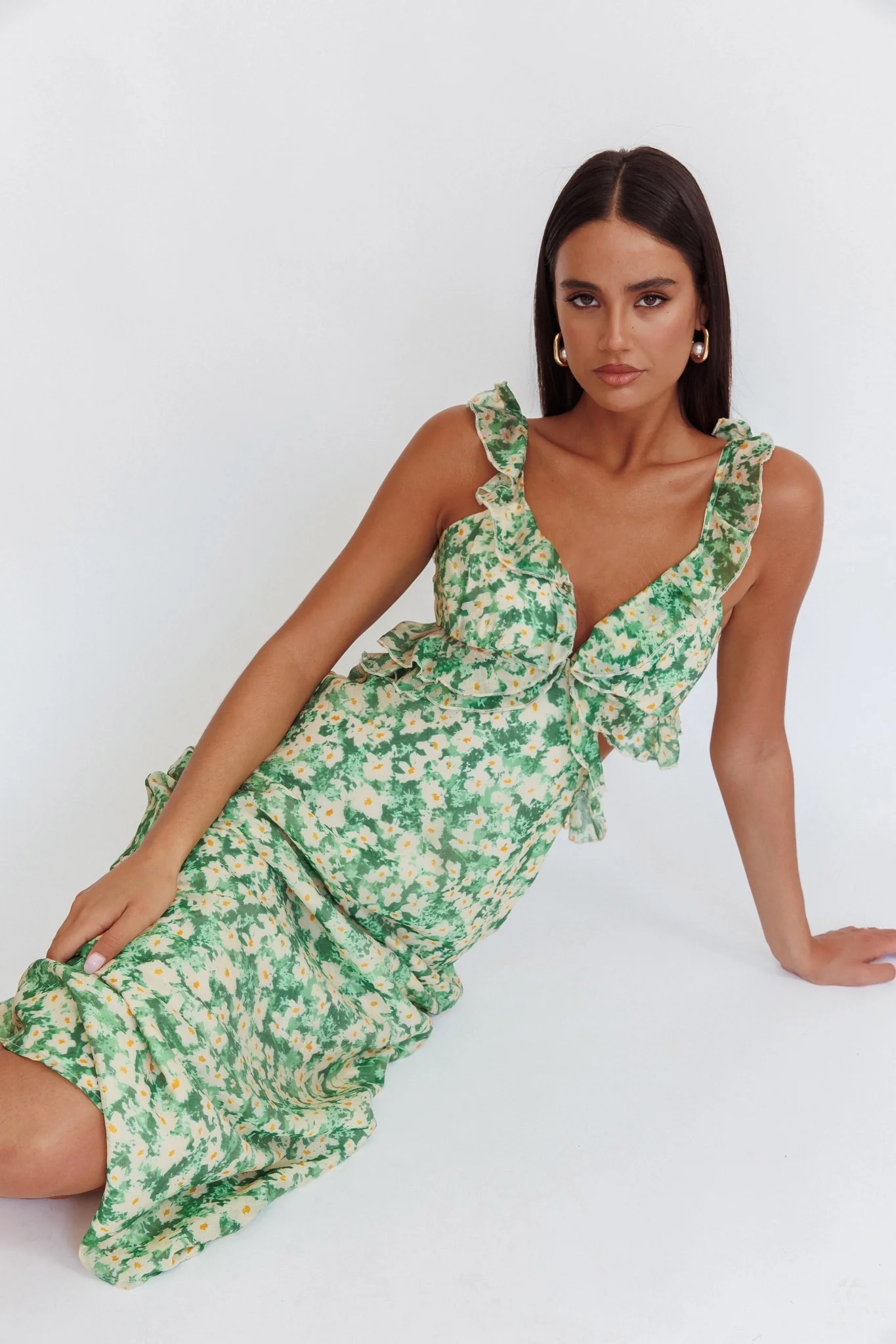 Second Chances Ruffle Trim Maxi Dress Flowers Green - Sonourner