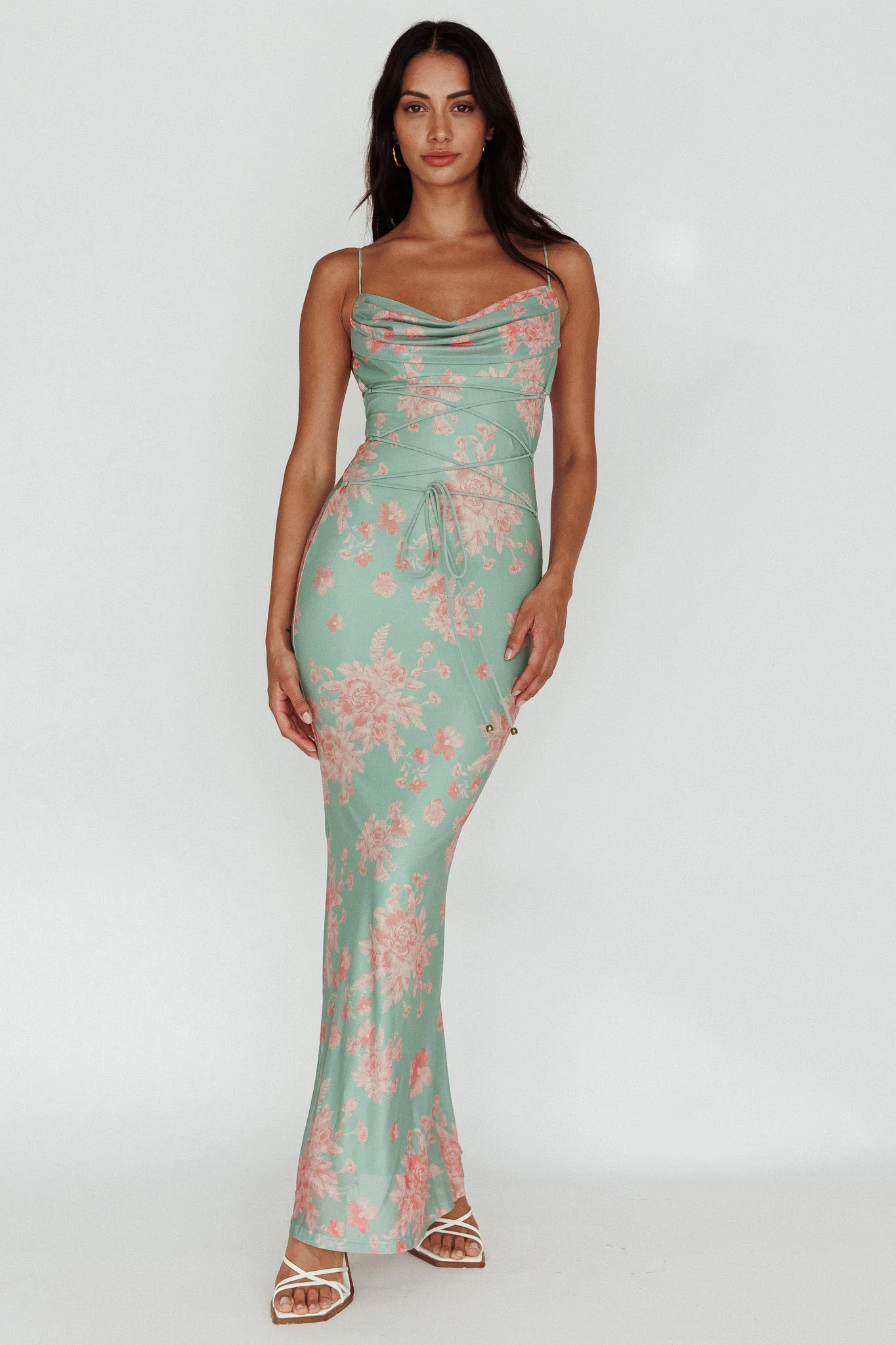 Teava Laced Waist Maxi Dress Floral Green - Sonourner
