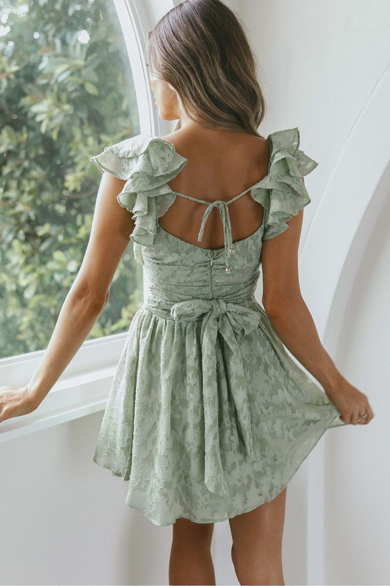 Lola Ruffle Shoulder Ruched Dress Textured Avocado - Sonourner