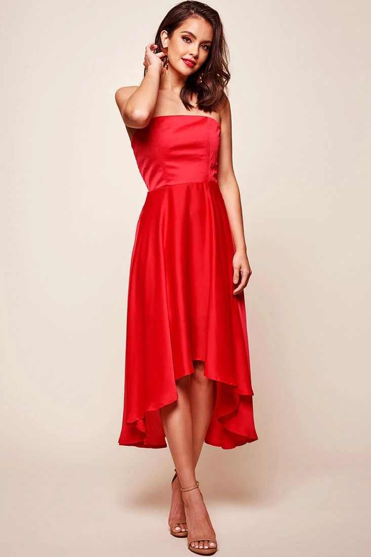 Mia Strapless A-Line Midi Dress Red - Sonourner