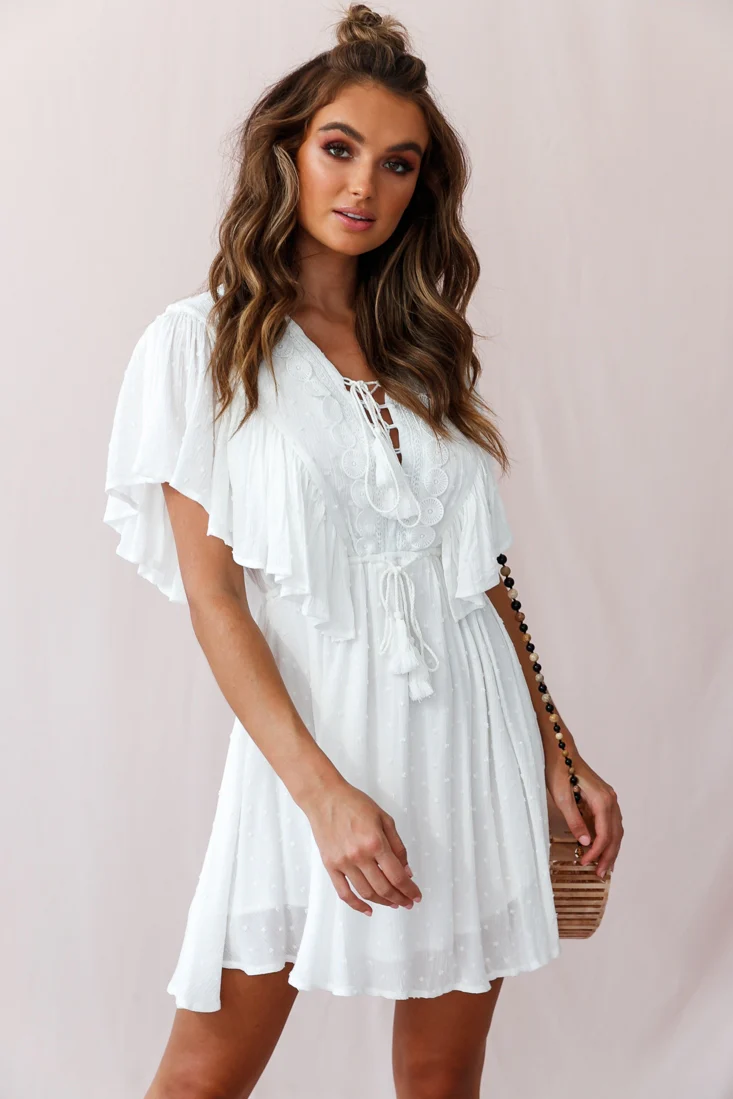 Hazel Crochet And Tassel Detail Drawstring Waist Dress White - Sonourner