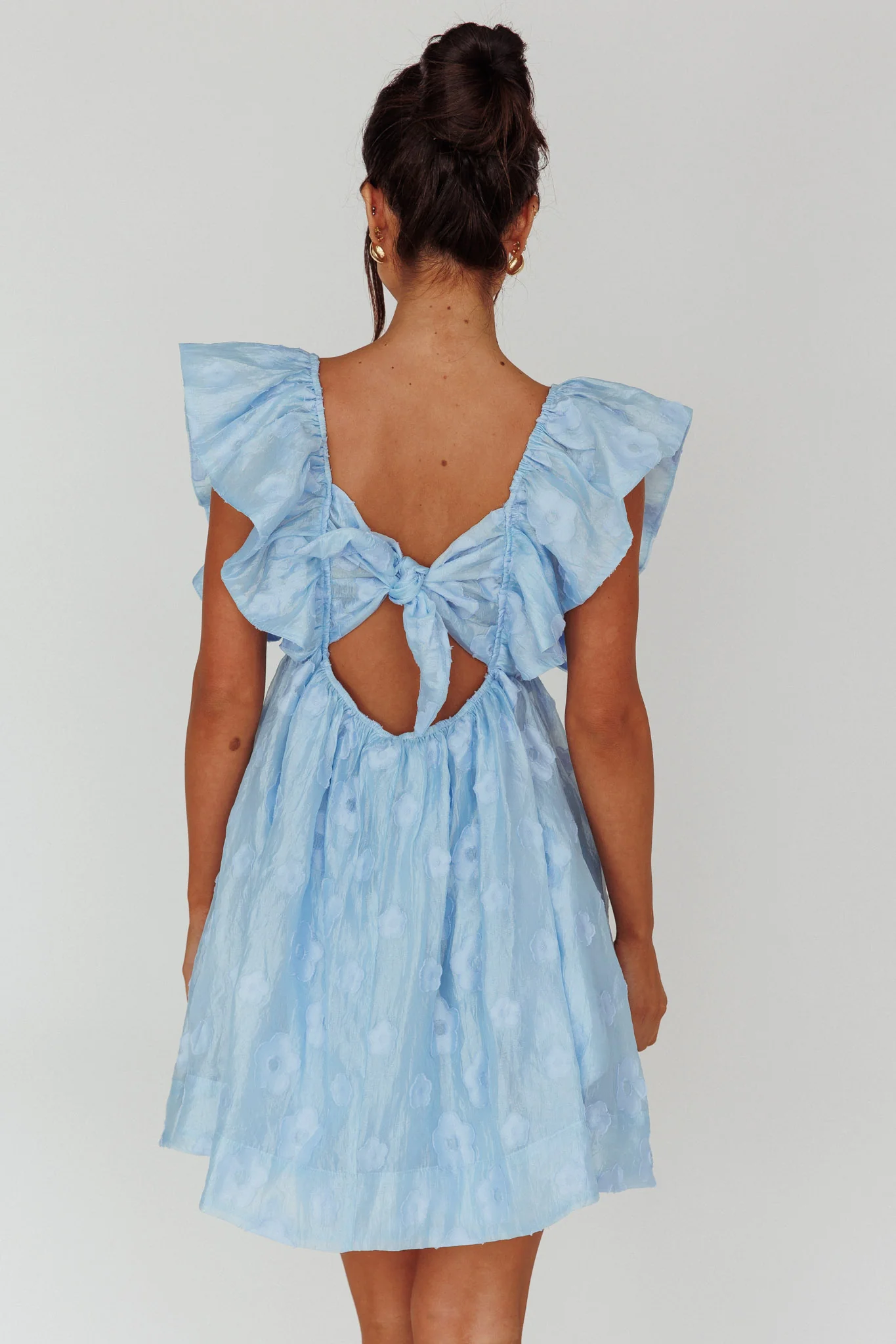Melrose Place Floral Textured Frill Dress Powder Blue - Sonourner
