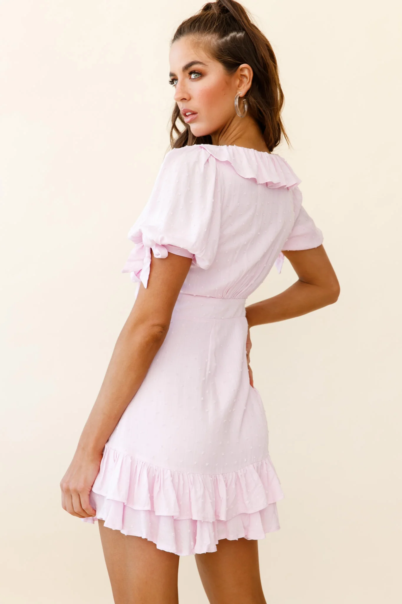 Emery Tied Bust Puff Sleeve Ruffle Dress Baby Pink - Sonourner