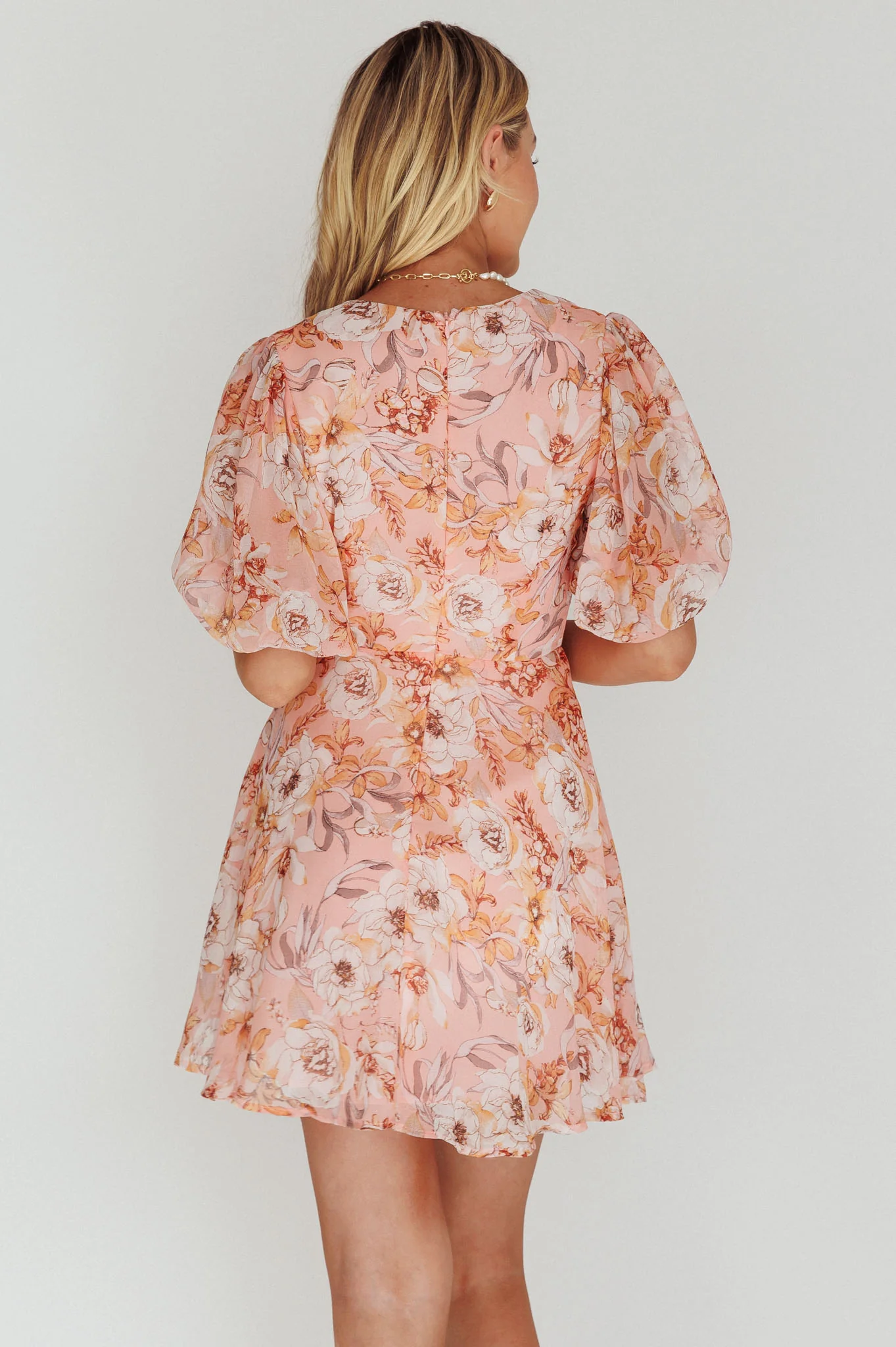 Madison Bow Tie Bust Puff Sleeve Dress Flowers Orange - Sonourner