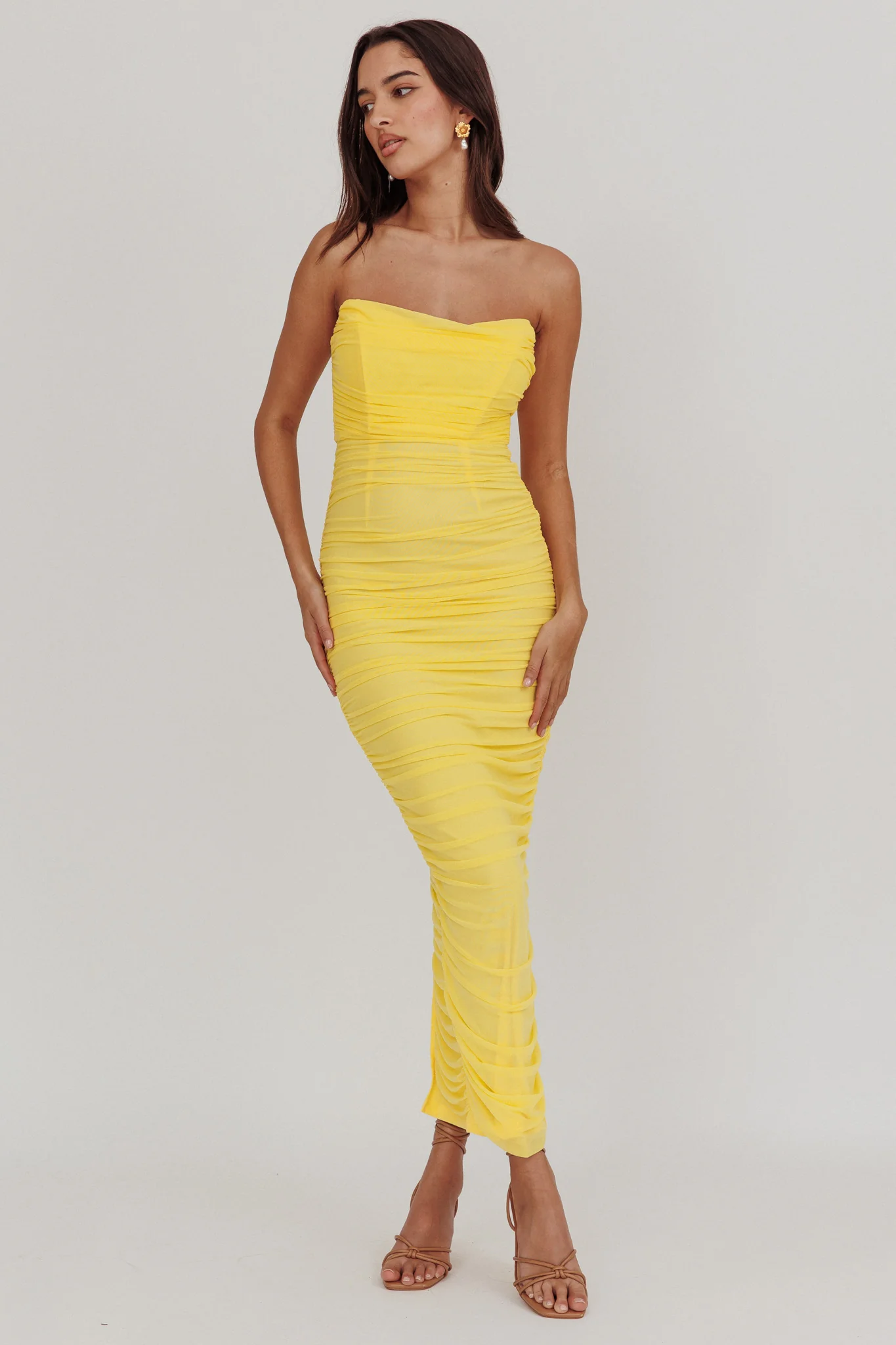 Midwest Strapless Gathered Mesh Maxi Dress Lemon - Sonourner