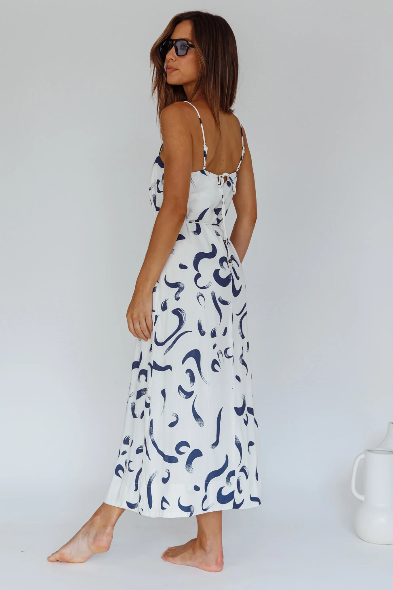 Rossy Waist Tie Midi Dress Printed Navy - Sonourner