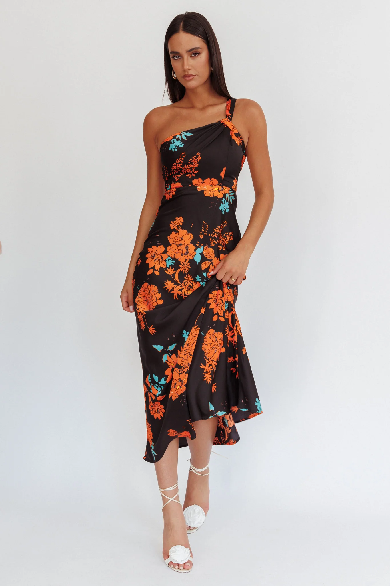 Fly Love Satin One Shoulder Maxi Dress Floral Black - Sonourner