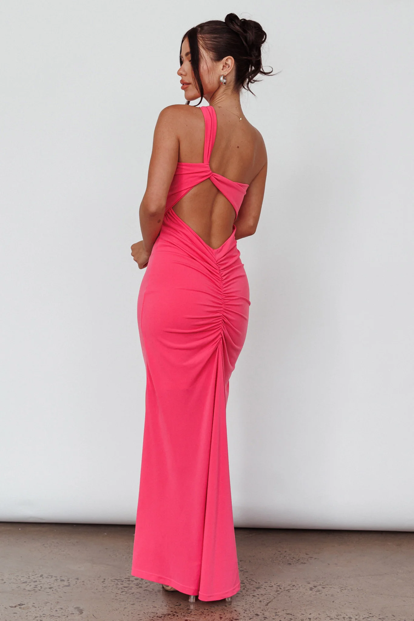 Trinny One-Shoulder Ruched Back Midi Dress Hot Pink - Sonourner