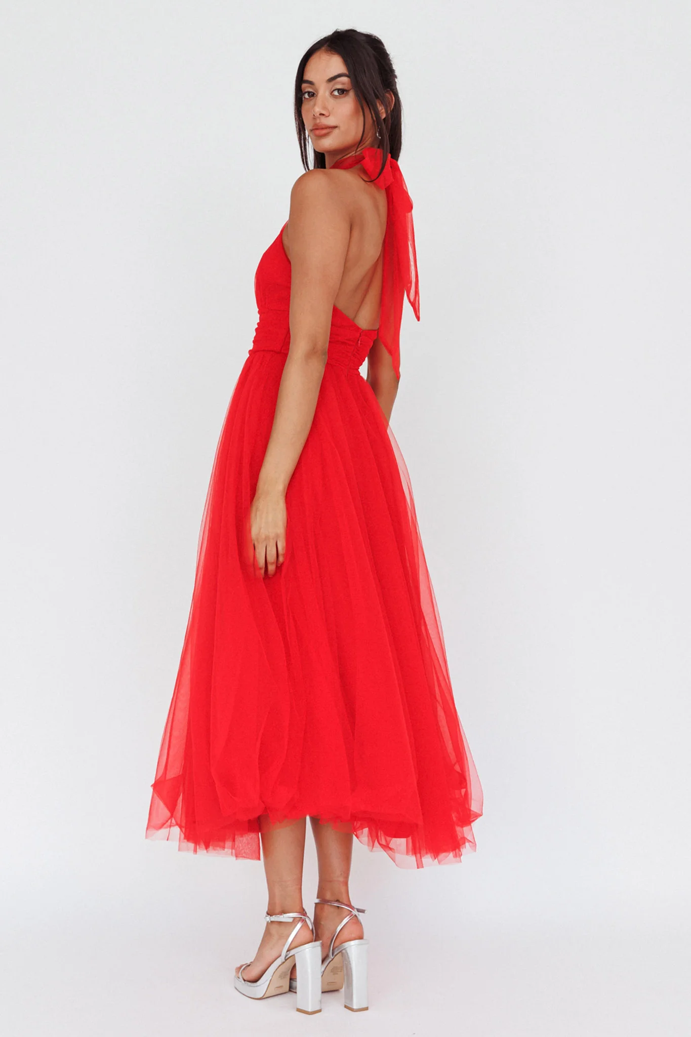 Andria Halterneck Tulle Midi Dress Red - Sonourner