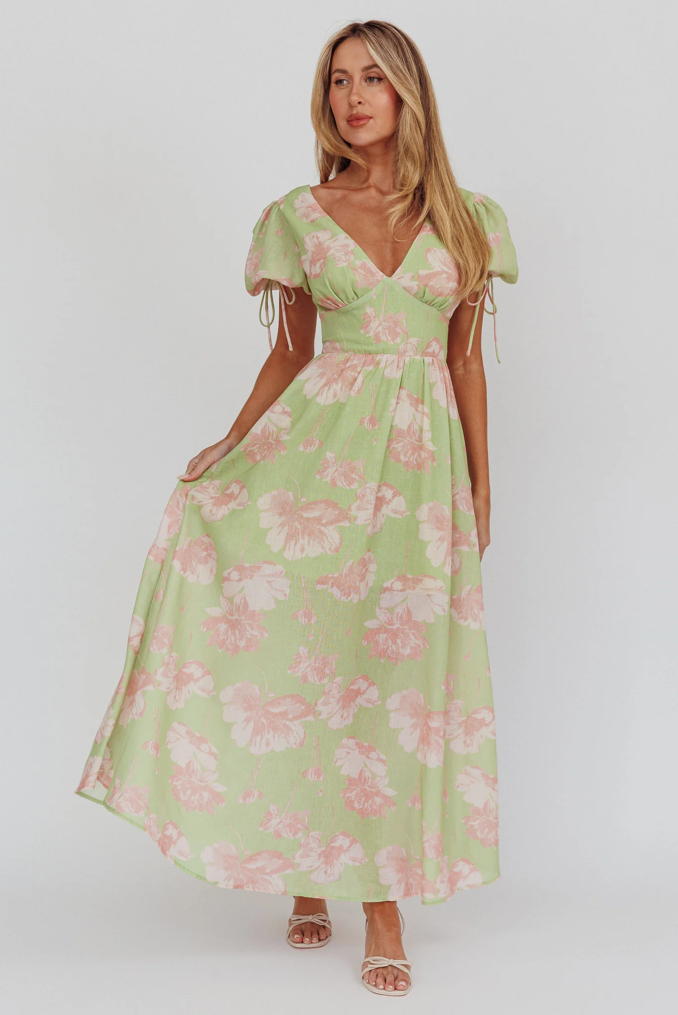 Loveberry Puff Sleeve A-Line Maxi Dress Green - Sonourner