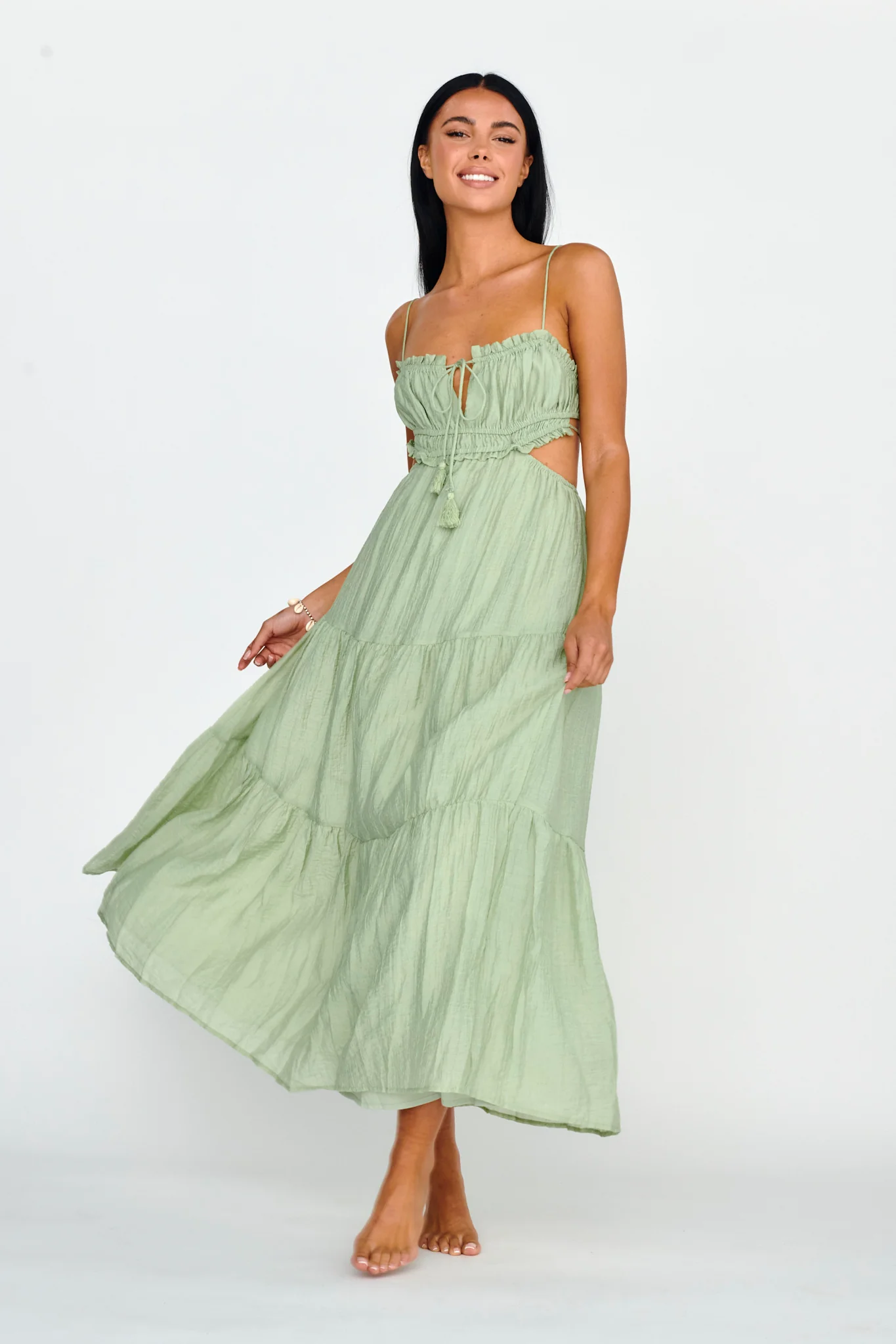 Eyona Cut-Out Waist Tie Maxi Dress Sage - Sonourner