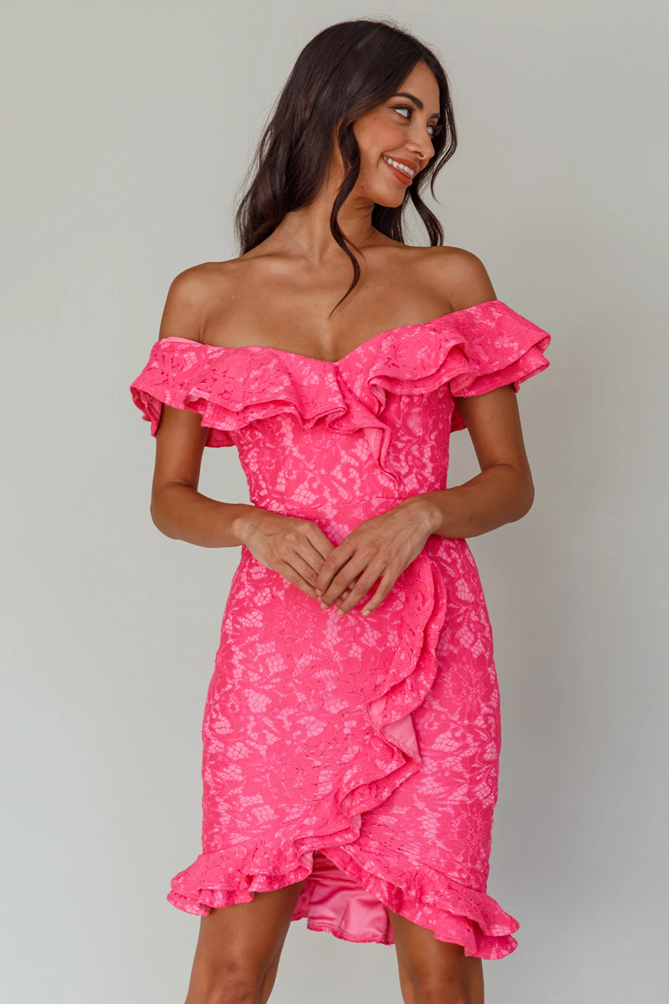 Rossi Off-Shoulder Double Ruffle Lace Dress Hot Pink - Sonourner