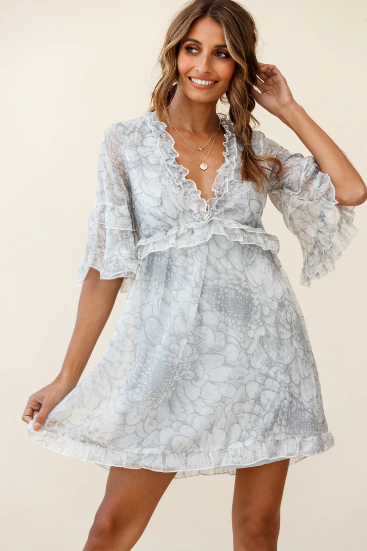 Gemma V-Neckline Frill Detail Dress Flower Print Grey - Sonourner
