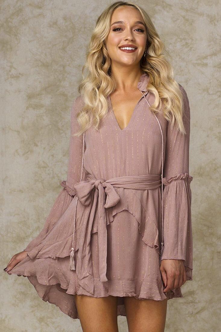 Dhillon Ruffled Waist Tie Mini Dress Mocha - Sonourner