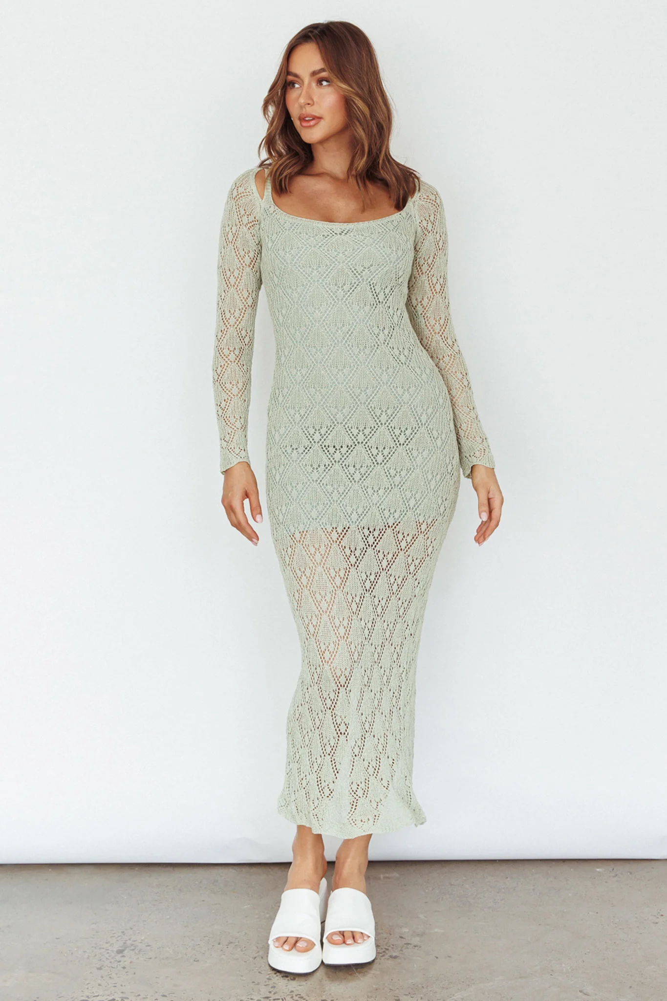 Happy Place Long Sleeve Crochet Midi Dress Sage - Sonourner
