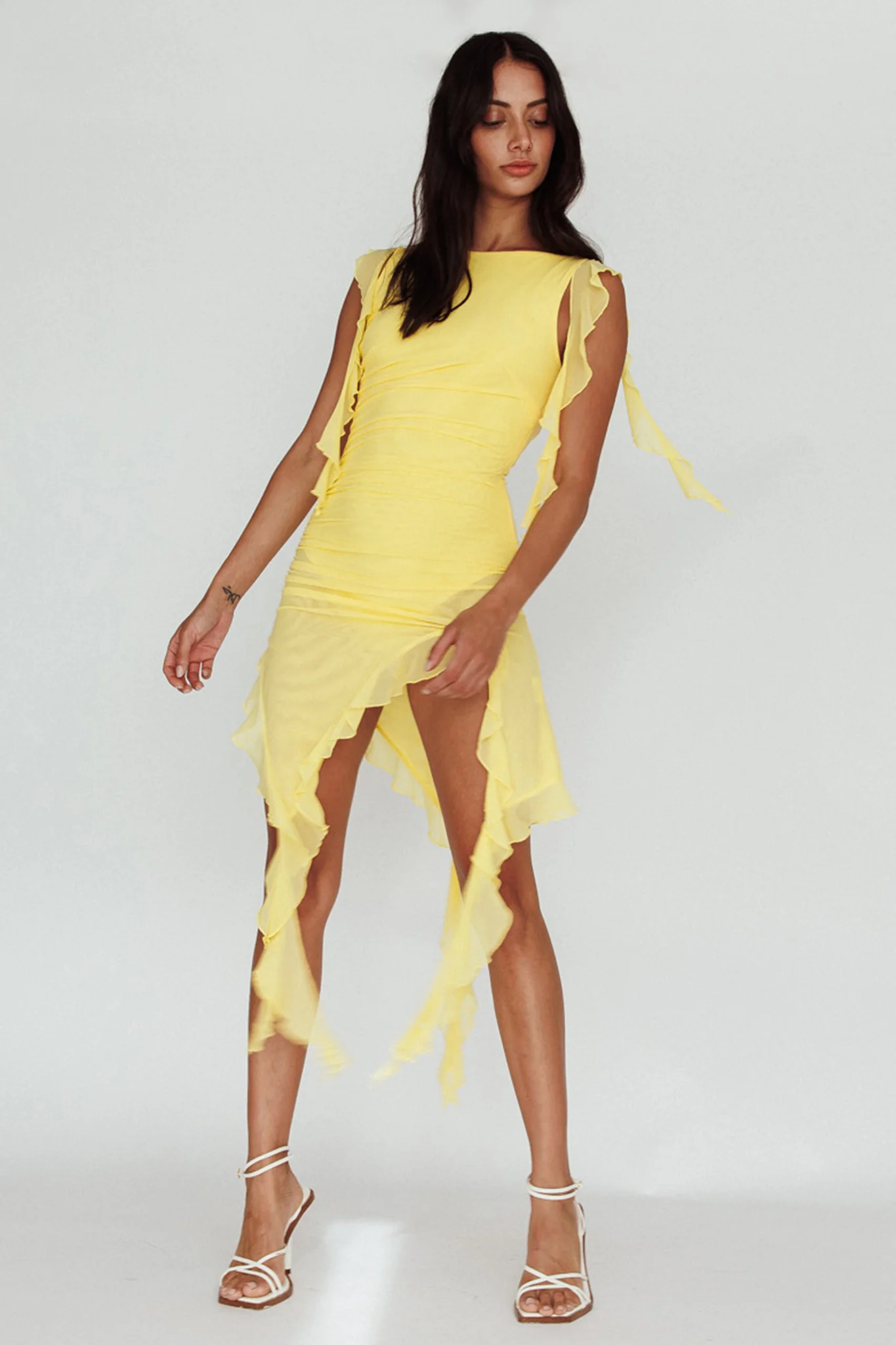 After Party Sleeveless Ruffle Trim Mini Dress Lemon - Sonourner