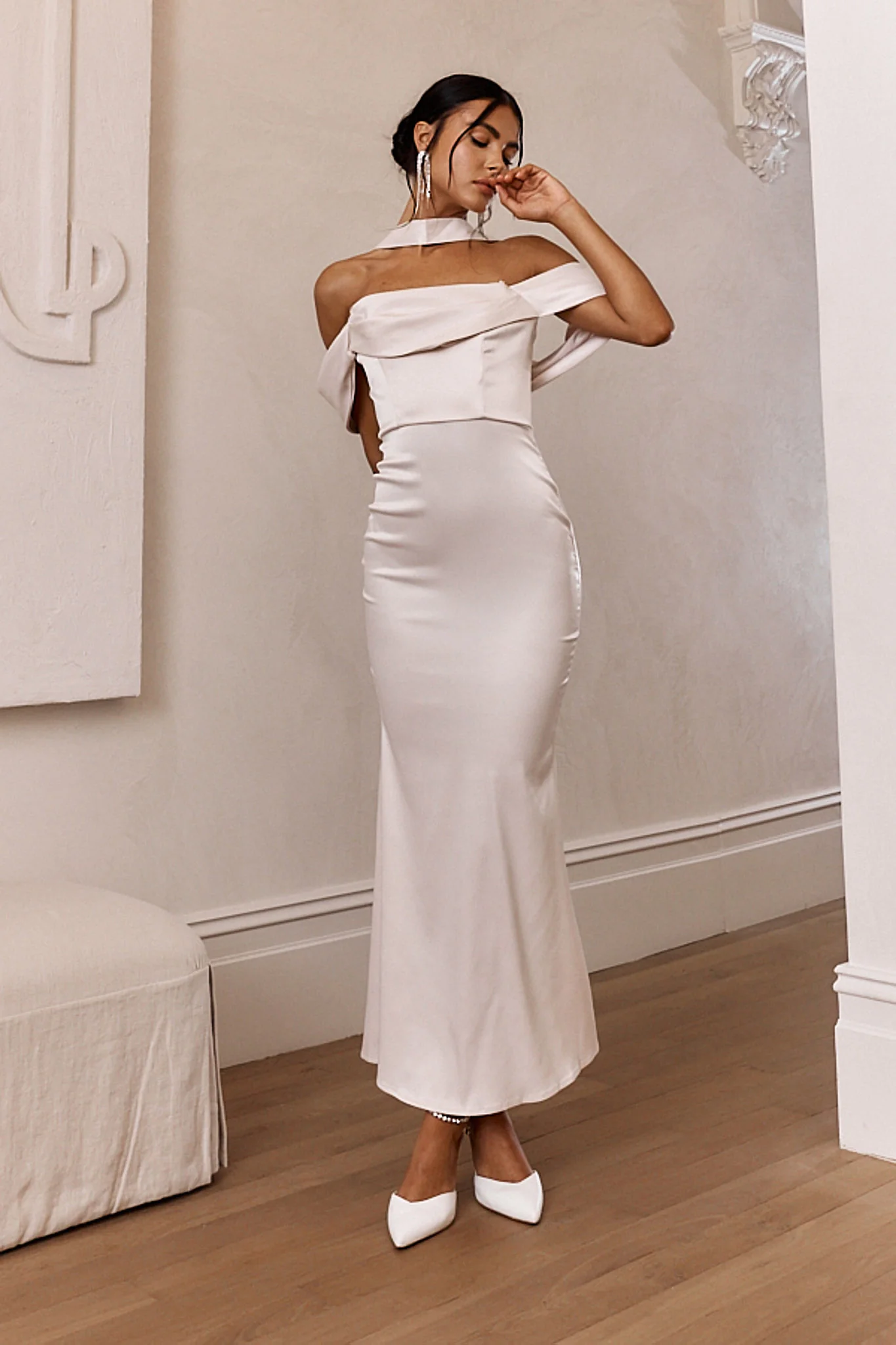 Eclipse Draped Sleeve Midi Dress Beige - Sonourner