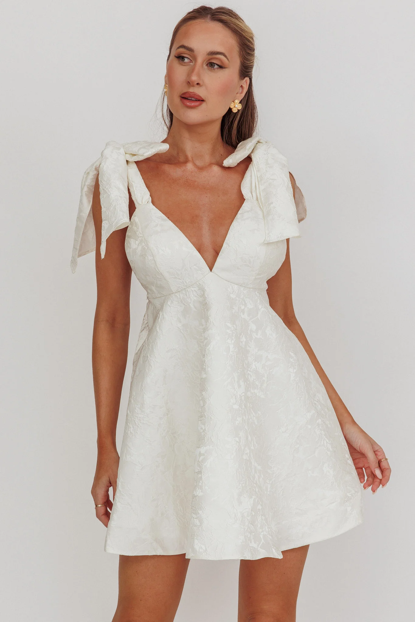 Chantilly Tied Shoulder Jacquard Mini Dress White - Sonourner