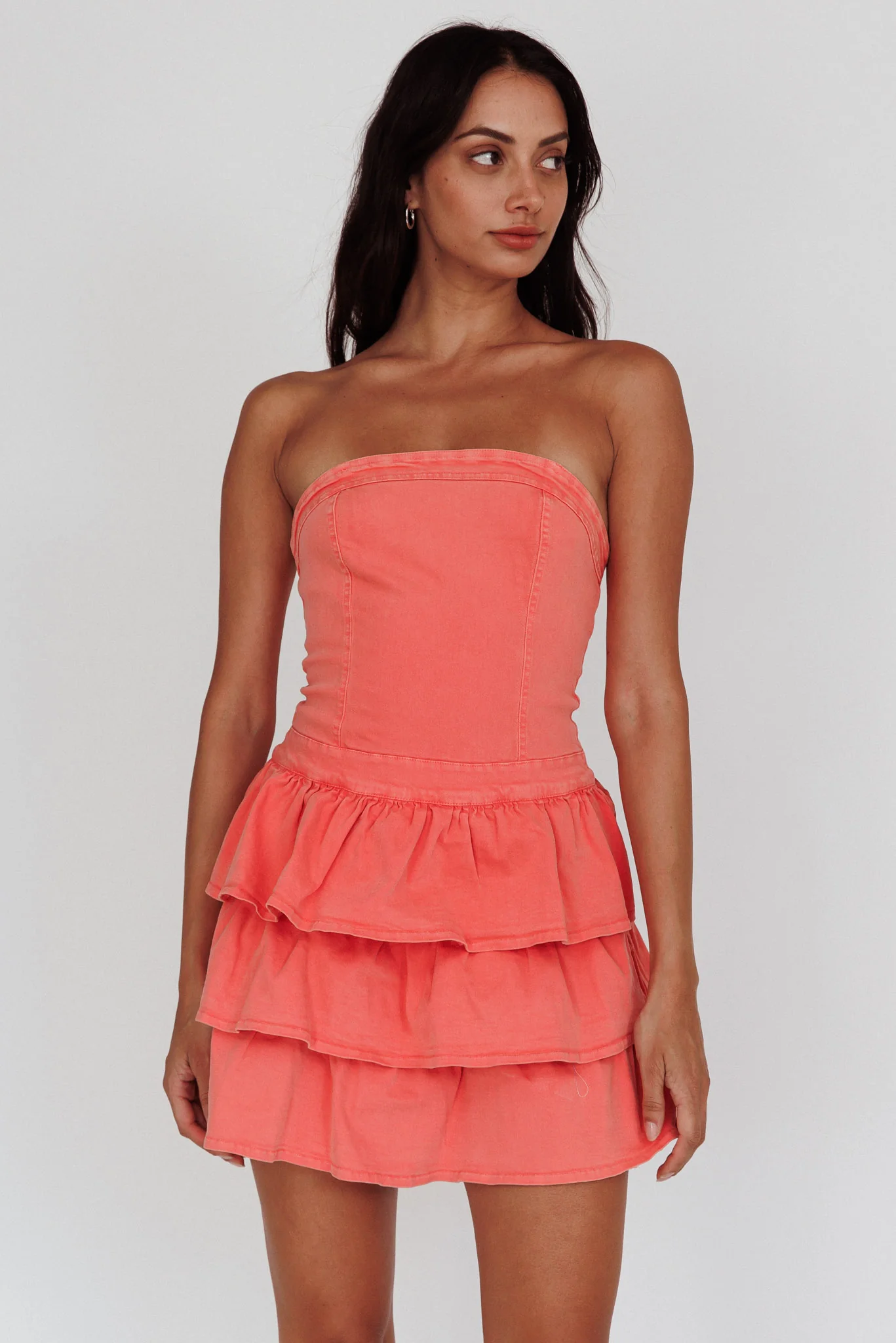 Philly Strapless Ruffle Mini Dress Sugar Coral - Sonourner