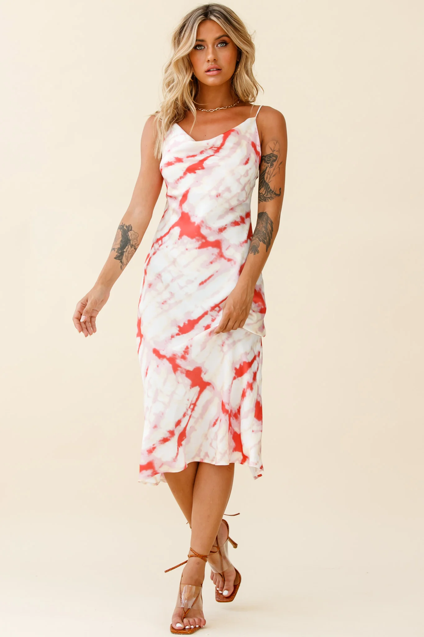 Show Me Love Cowl Neck Midi Dress Tie-Dye Red - Sonourner