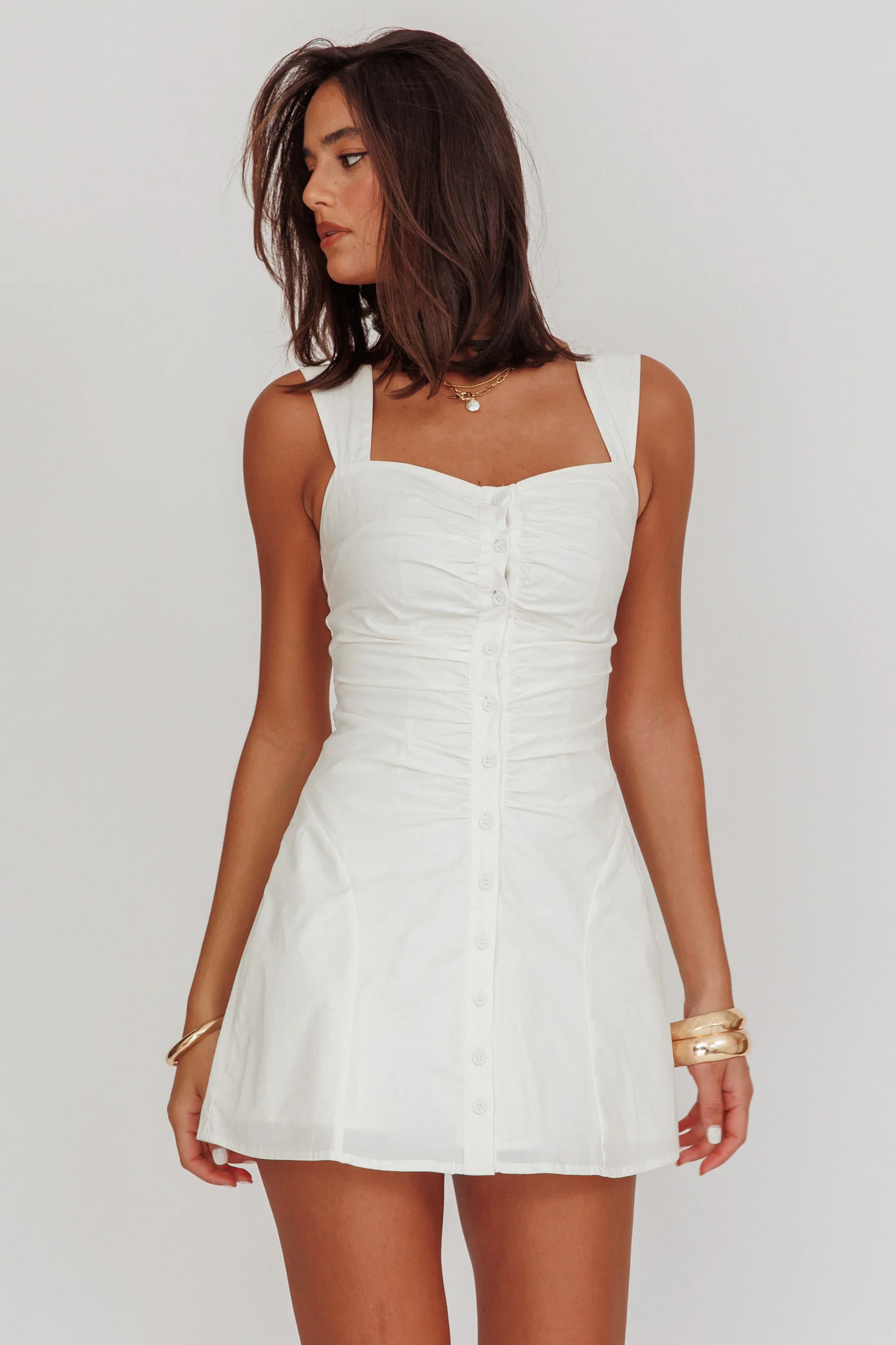 High Tide Buttoned Textured Mini Dress White - Sonourner
